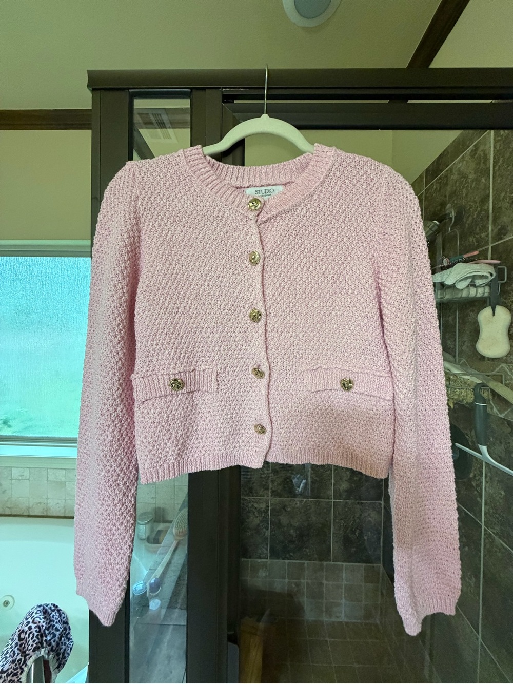 Studio Pink Textured Knit Button-Front Cropped Cardigan